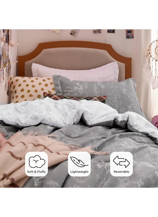 Bedsure Twin Comforter Set - Grey Bed Set, 2 Pieces Cute Floral Bedding, 1 Soft Reversible Botanical Flowers Comforter and 1 Pillow Sham
