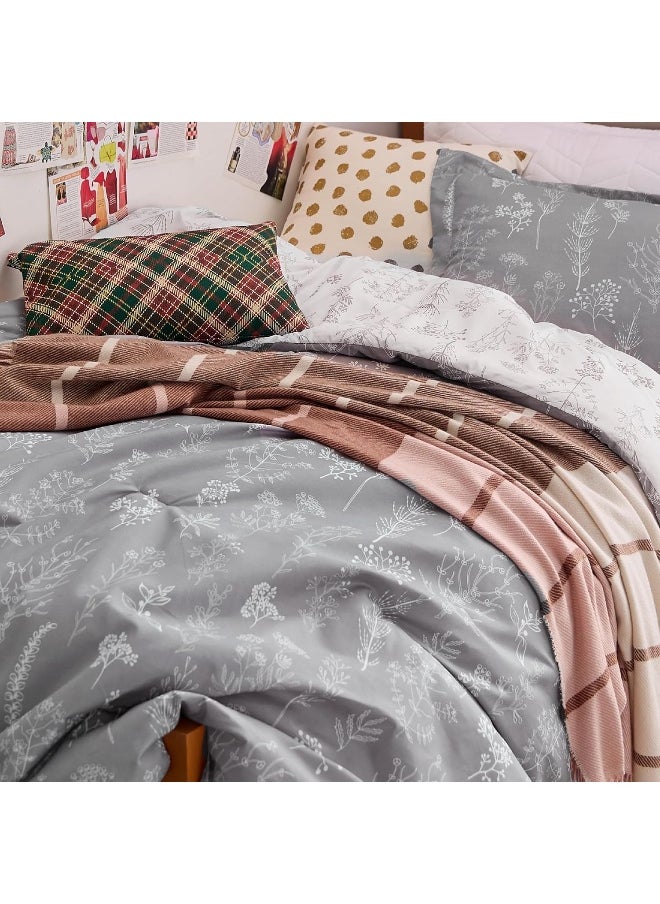 Bedsure Twin Comforter Set - Grey Bed Set, 2 Pieces Cute Floral Bedding, 1 Soft Reversible Botanical Flowers Comforter and 1 Pillow Sham