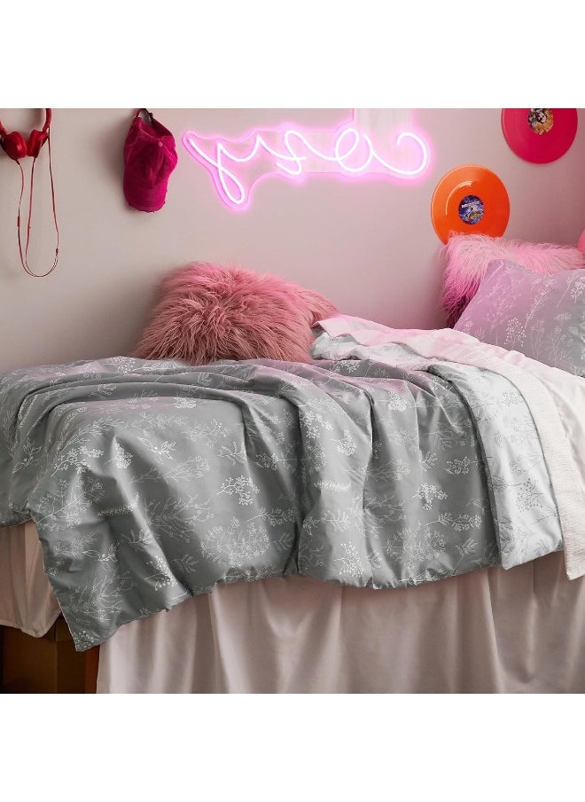 Bedsure Twin Comforter Set - Grey Bed Set, 2 Pieces Cute Floral Bedding, 1 Soft Reversible Botanical Flowers Comforter and 1 Pillow Sham
