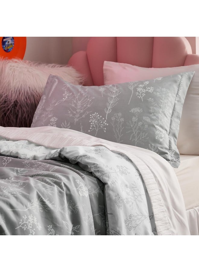 Bedsure Twin Comforter Set - Grey Bed Set, 2 Pieces Cute Floral Bedding, 1 Soft Reversible Botanical Flowers Comforter and 1 Pillow Sham