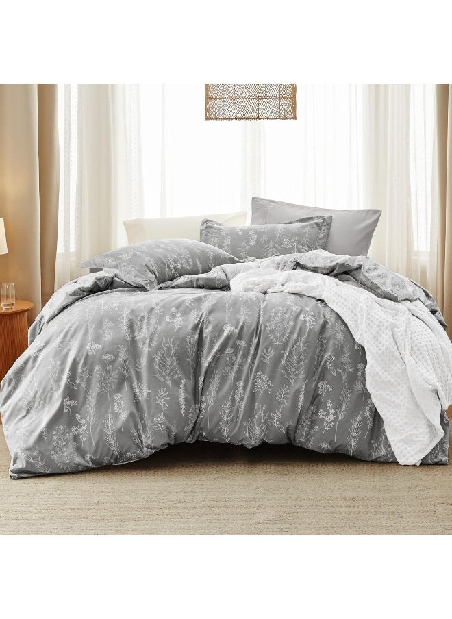 Bedsure Twin Comforter Set - Grey Bed Set, 2 Pieces Cute Floral Bedding, 1 Soft Reversible Botanical Flowers Comforter and 1 Pillow Sham