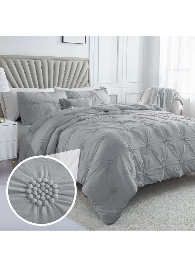 Swift Home Full/Queen Gray 3-Piece Down Alternative Comforter Set Bedding Ruched 3D Floral Pintuck All-Season, Machine Washable