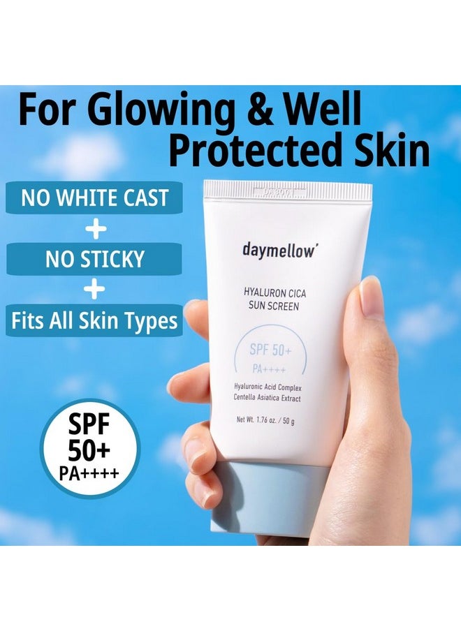 daymellow Hyaluron Cica Sunscreen 1.76fl.oz/50ml, with Broad Spectrum SPF50+ PA++++, Face Sunscreen, Centella, Niacinamide, No White Cast, for All Skin Types, UVA & UVB Protection, Korean Skincare