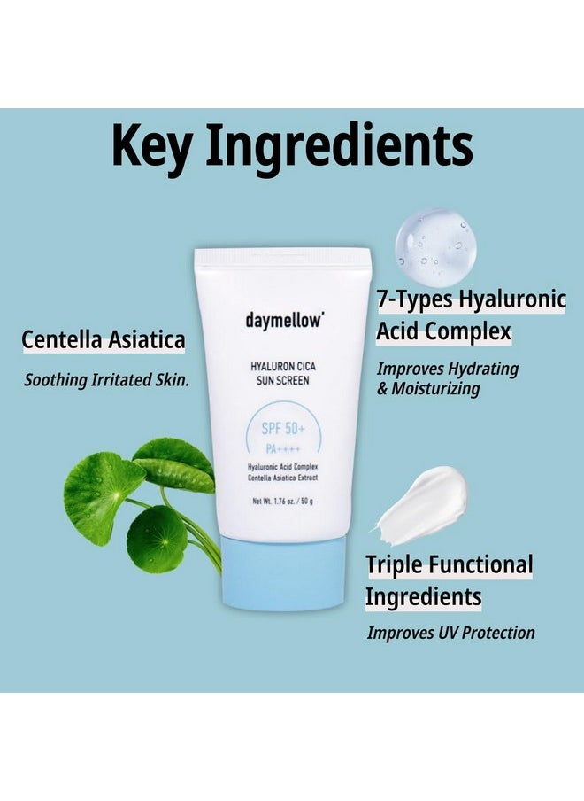 daymellow Hyaluron Cica Sunscreen 1.76fl.oz/50ml, with Broad Spectrum SPF50+ PA++++, Face Sunscreen, Centella, Niacinamide, No White Cast, for All Skin Types, UVA & UVB Protection, Korean Skincare
