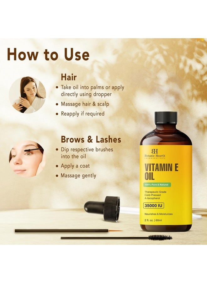 Botanic Hearth Vitamin E Oil | 100% Pure and Natural oil for Growth of Nails, Hair, Eyebrows & Eyelashes | 35,000 IU | Hair & Body Oil with Eyebrow & Eyelash Brush| 2 Fl Oz Set of 2