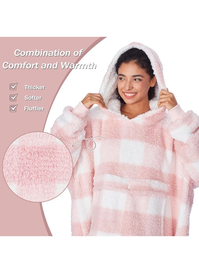 Catalonia Buffalo Plaid Pink Oversized Blanket Hoodie Sweatshirt, Full Body Comfortable Sherpa Lounging Pullover for Adults, Gift for Women
