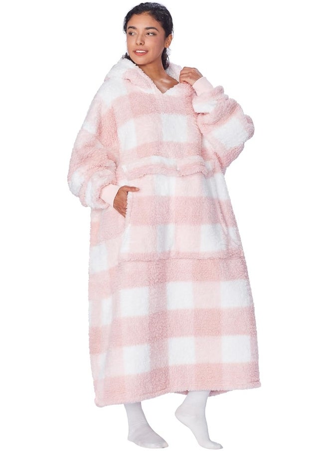 Catalonia Buffalo Plaid Pink Oversized Blanket Hoodie Sweatshirt, Full Body Comfortable Sherpa Lounging Pullover for Adults, Gift for Women