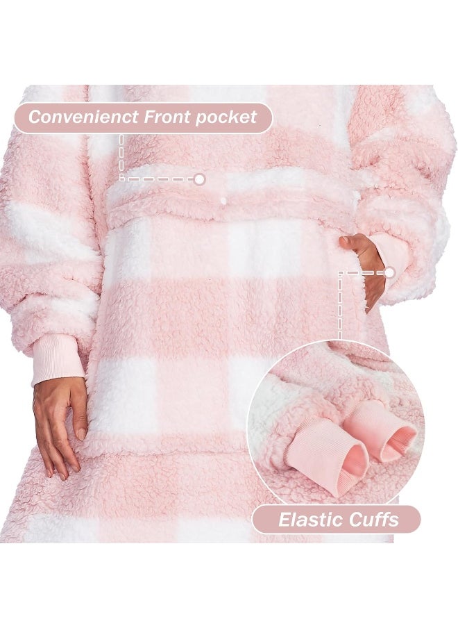 Catalonia Buffalo Plaid Pink Oversized Blanket Hoodie Sweatshirt, Full Body Comfortable Sherpa Lounging Pullover for Adults, Gift for Women