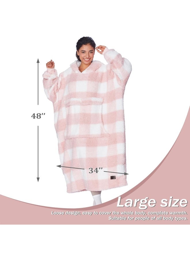 Catalonia Buffalo Plaid Pink Oversized Blanket Hoodie Sweatshirt, Full Body Comfortable Sherpa Lounging Pullover for Adults, Gift for Women