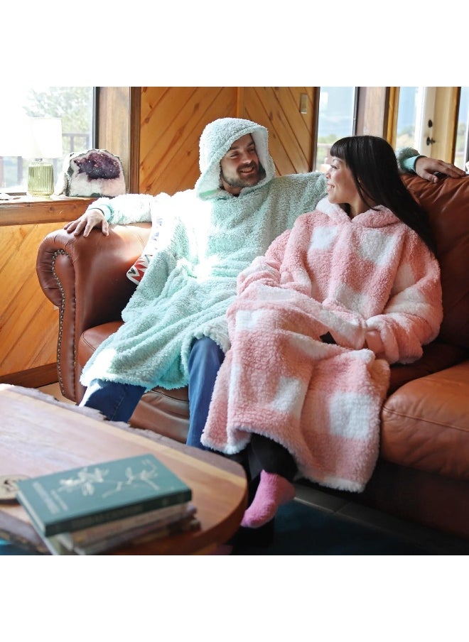 Catalonia Buffalo Plaid Pink Oversized Blanket Hoodie Sweatshirt, Full Body Comfortable Sherpa Lounging Pullover for Adults, Gift for Women