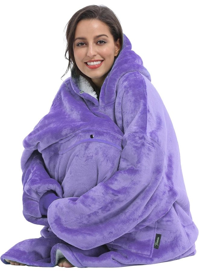 Tirrinia Blanket Sweatshirt, Super Soft Warm Comfortable Sherpa Hoodie with Giant Pocket, for Adults, Kids, Boys, Girls, Reversible, Hood, Oversized One Size Purple