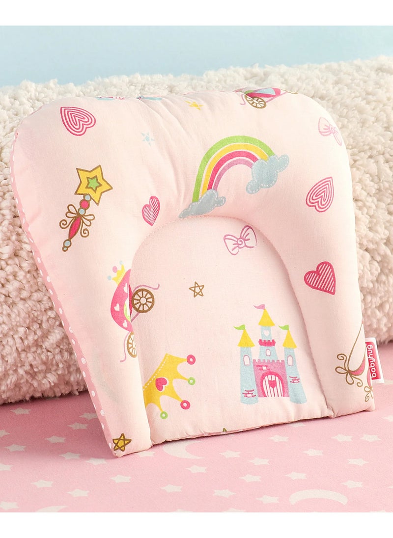 Babyhug U-Shaped Pillow for Babies 0-6 Months - Pink Castle Print, Cotton, Prevents Flat Head Syndrome, Supportive Sleeping Aid, Durable