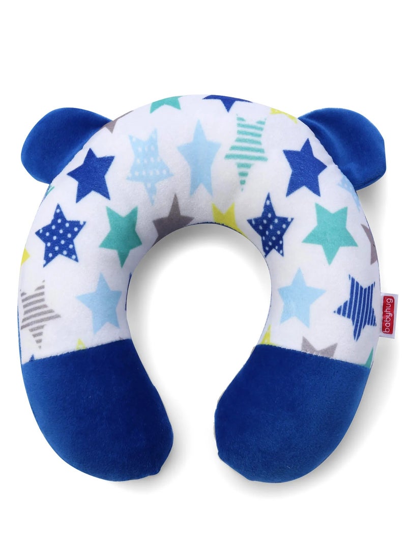 Babyhug Velour Neck Support U-Shaped Pillow for 0-6 Months with Star Print in Blue, Ergonomic 21x22 cm