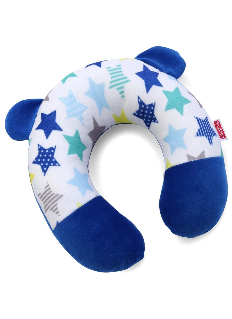 Babyhug Velour Neck Support U-Shaped Pillow for 0-6 Months with Star Print in Blue, Ergonomic 21x22 cm