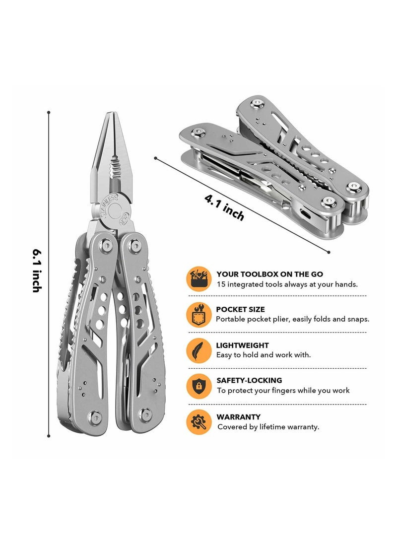 15 in 1 Stainless Steel Multitool with Safety Lock Ideal for Camping and Outdoor Activities Replaceable Bits Included