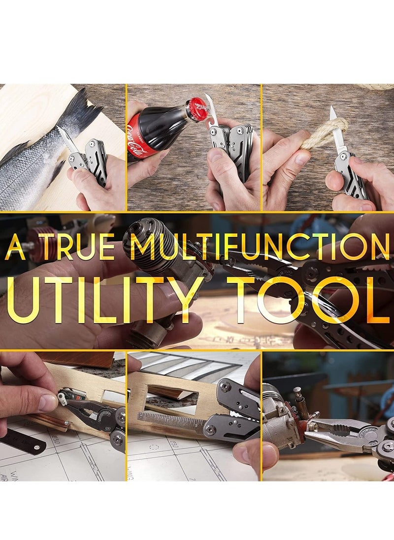 15 in 1 Stainless Steel Multitool with Safety Lock Ideal for Camping and Outdoor Activities Replaceable Bits Included