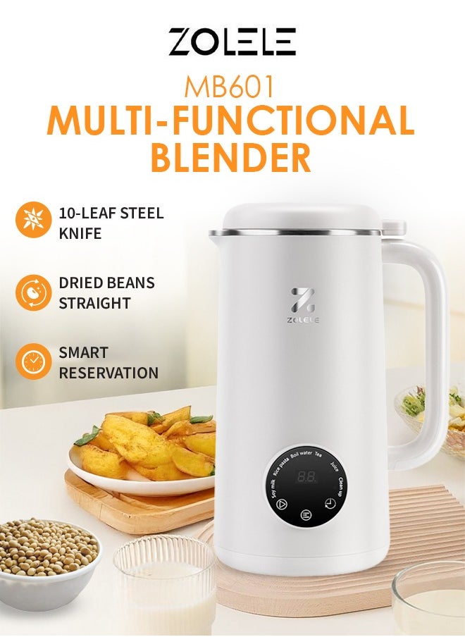 Multi-Funtional Juice Blender & Electric Kettle, 600ml Capacity, Touch Control, 10 Leaf Steel Knife, 4 Blending Modes, 600W Motor, MB601-WHITE