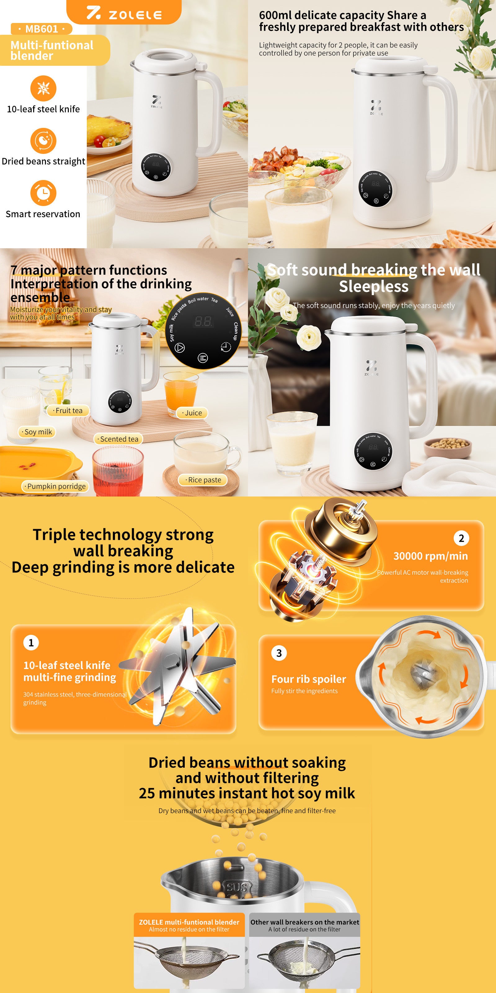 Multi-Funtional Juice Blender & Electric Kettle, 600ml Capacity, Touch Control, 10 Leaf Steel Knife, 4 Blending Modes, 600W Motor, MB601-WHITE