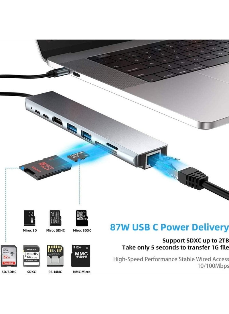 Type-C to HDTV 8-in-1 Adapter, HDMI, PD Charging, 2 USB Ports, SD/TF Card Reader, RJ45 Ethernet, Compatible with Linux, Windows XP/Vista/10, Chrome OS
