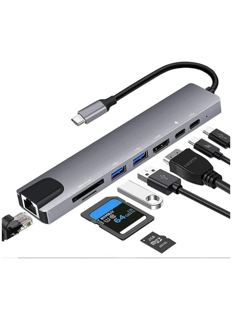 Type-C to HDTV 8-in-1 Adapter, HDMI, PD Charging, 2 USB Ports, SD/TF Card Reader, RJ45 Ethernet, Compatible with Linux, Windows XP/Vista/10, Chrome OS