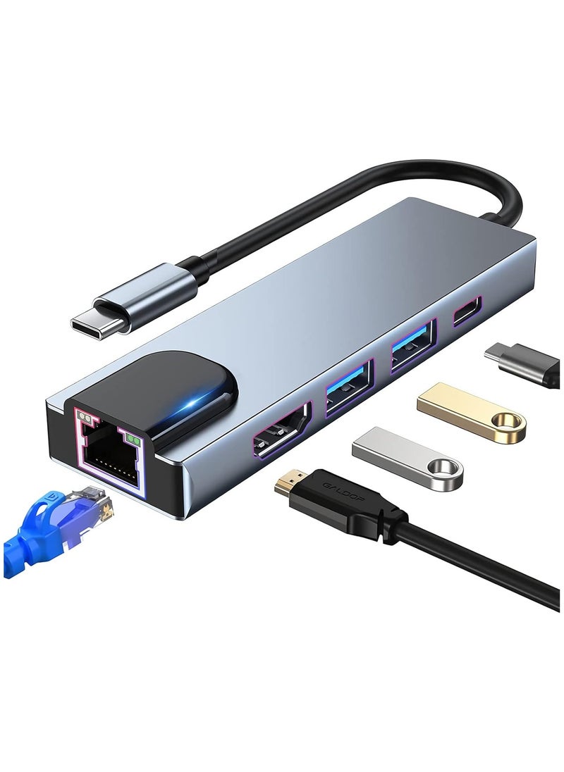 USB C Hub Multiport Adapter, 5 in 1 Docking Station with 4K HDMI, RJ45 Ethernet, USB3.0, 100W PD, Compatible with MacBook Pro/Air, iPad Pro, iPad Mini and More Type C Devices