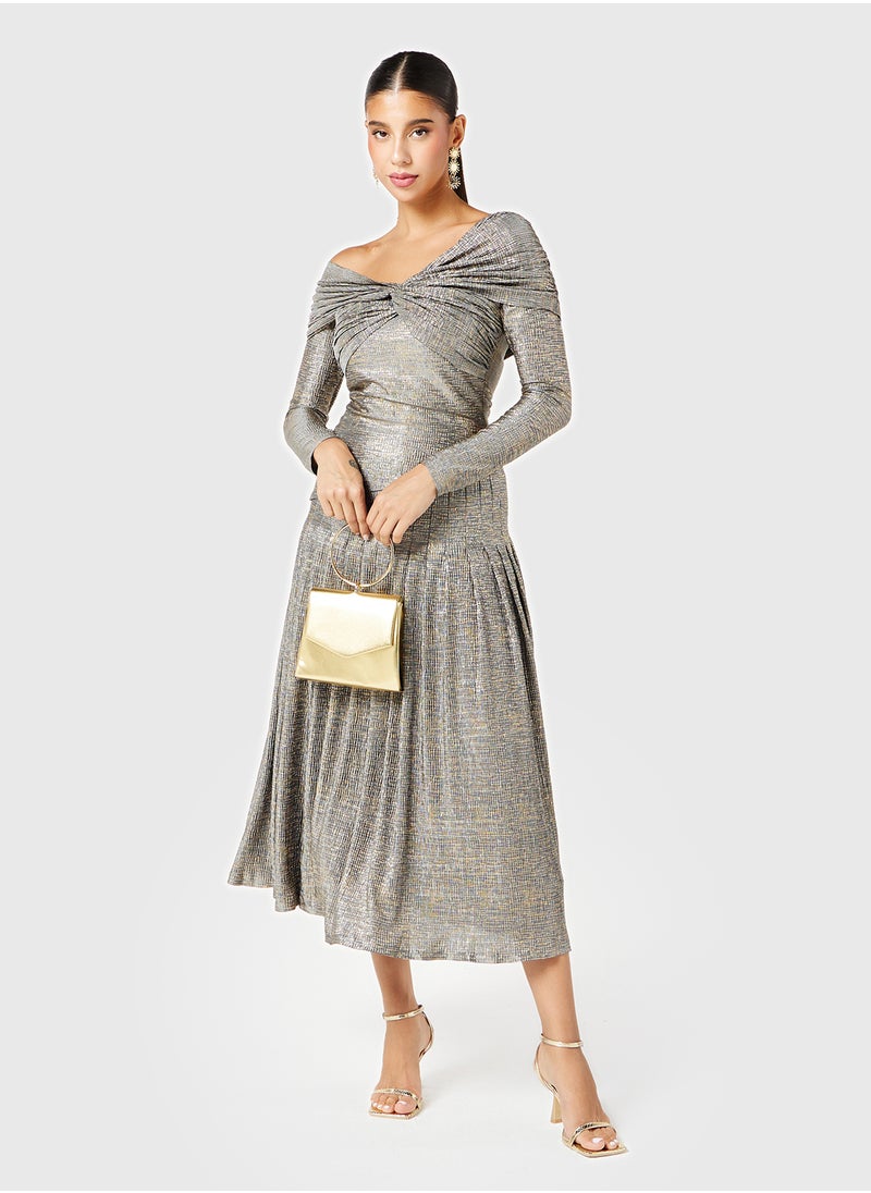 Asymmetric Neck Metallic Dress