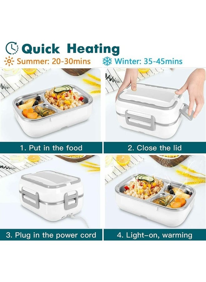 Electric Lunch Box Food Warmer 3 in 1 for Car and Home 60W Heating Flexible 12/24/110 Volt. 1.5L, 3 Compartments, Stainless Steel, Durable, Leak-Proof, Fits Adult Fresh Hot Meal Box