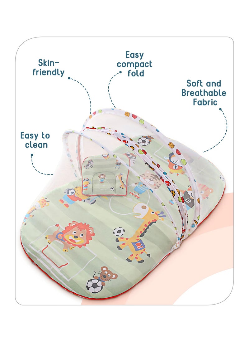 Babyhug Cotton Bedding Set with Mosquito Net, Soccer Print, Green, 0-9 Months, Comfortable & Foldable 90x60 cm