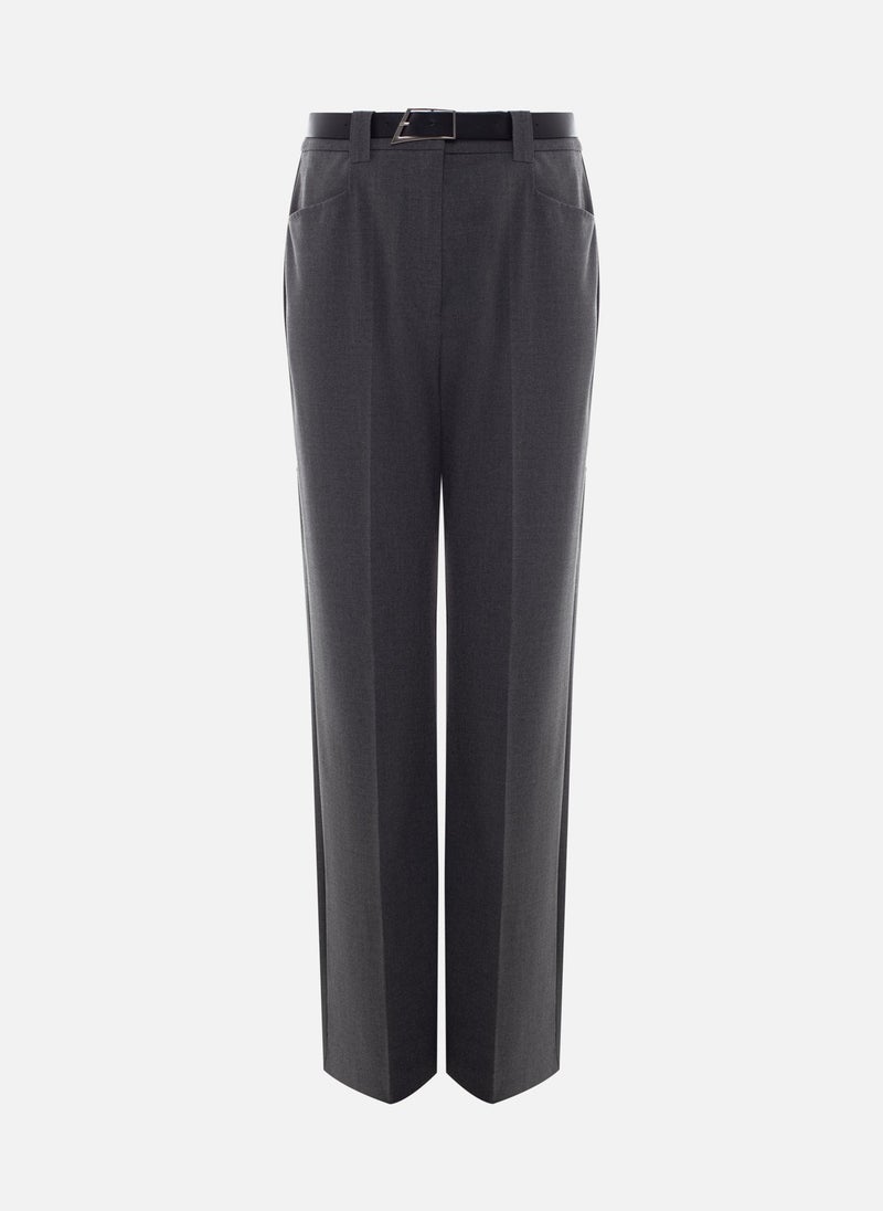 Straight suiting trousers with stitched creases and a belt