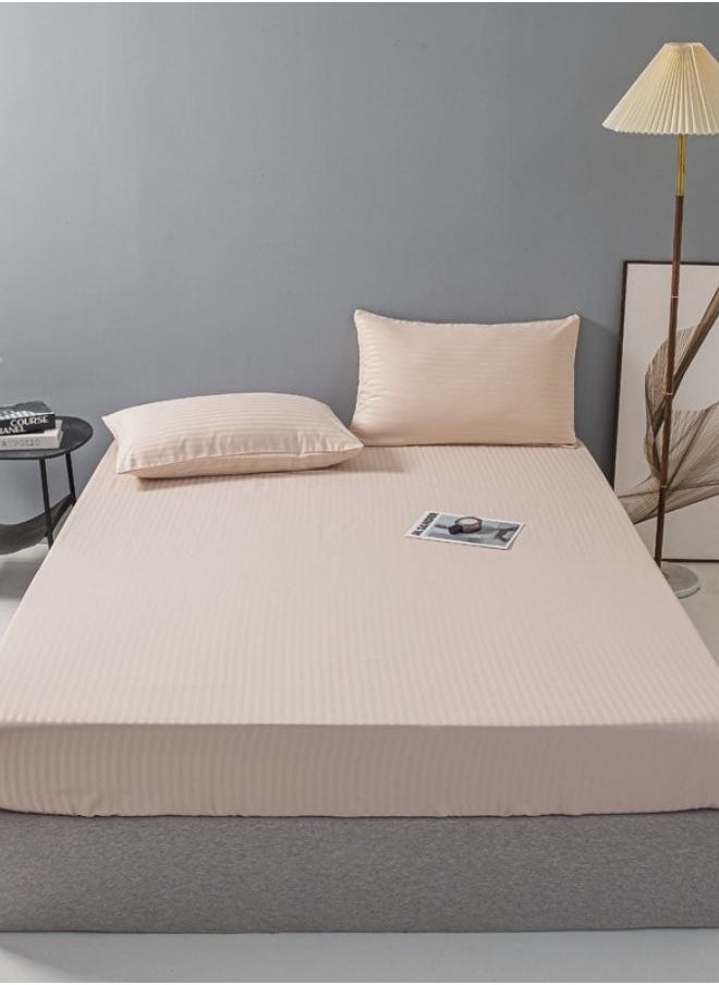 3 Pcs Queen Size Fitted sheet with elastic corner 160*200 + 30 cm with 2 pillow cases, bedsheet set, beige color.