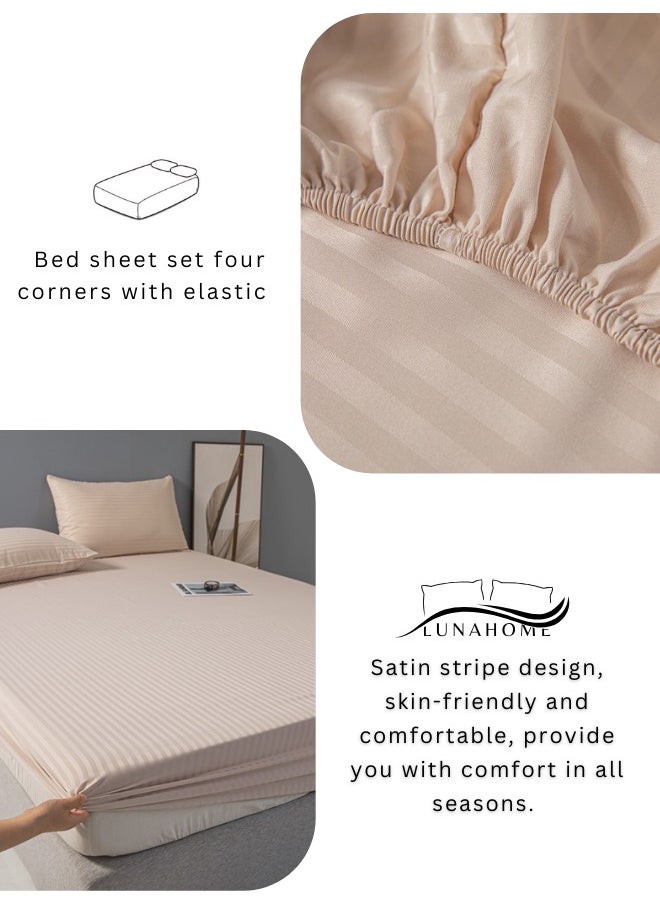 3 Pcs Queen Size Fitted sheet with elastic corner 160*200 + 30 cm with 2 pillow cases, bedsheet set, beige color.