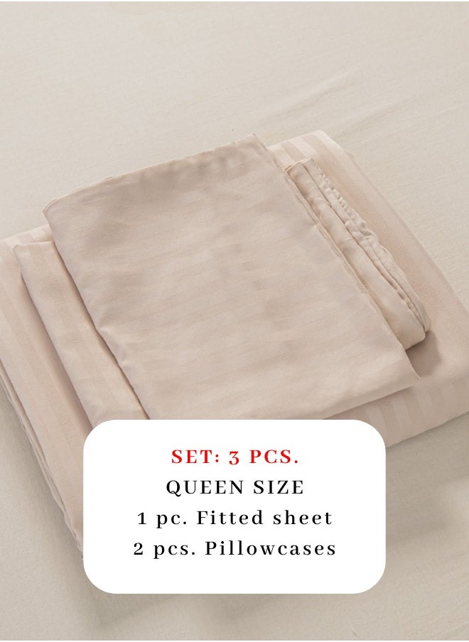 3 Pcs Queen Size Fitted sheet with elastic corner 160*200 + 30 cm with 2 pillow cases, bedsheet set, beige color.