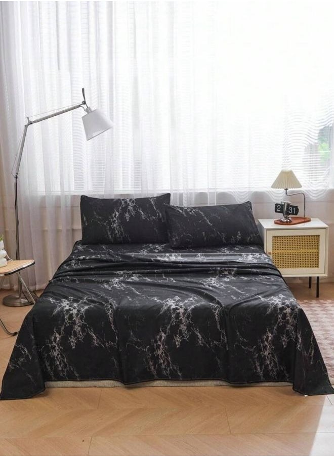 4 Pieces Bedsheet Set, Black Marble.