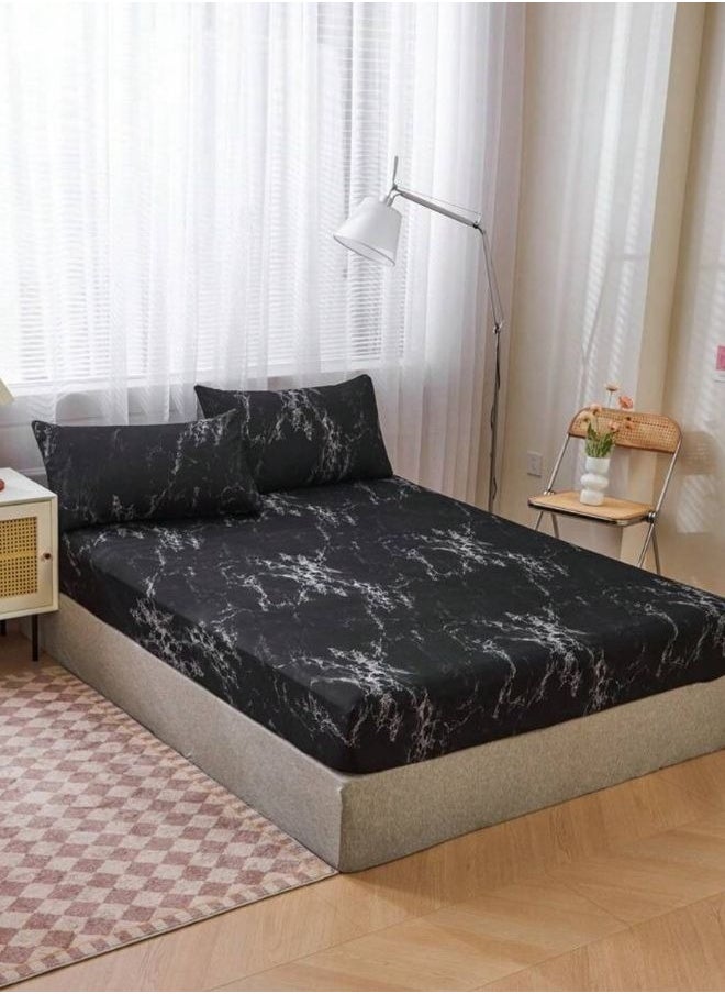 4 Pieces Bedsheet Set, Black Marble.