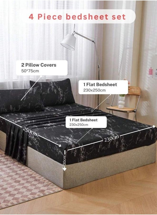 4 Pieces Bedsheet Set, Black Marble.