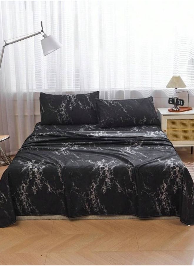 4 Pieces Bedsheet Set, Black Marble.