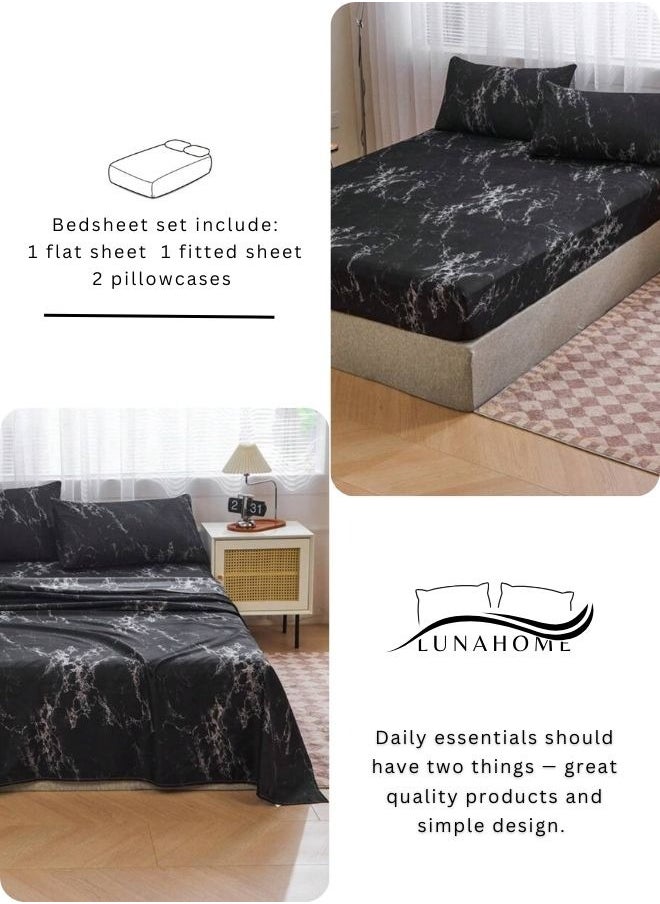 4 Pieces Bedsheet Set, Black Marble.
