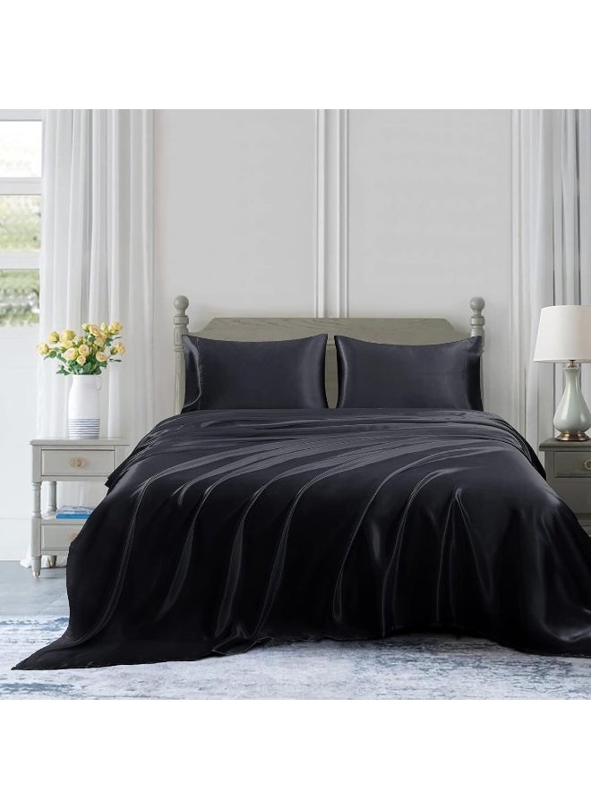 Homiest 4pcs Satin Sheets Set Luxury Silky Satin Bedding Set with Deep Pocket, 1 Fitted Sheet + 1 Flat Sheet + 2 Pillowcases (Queen Size, Black)