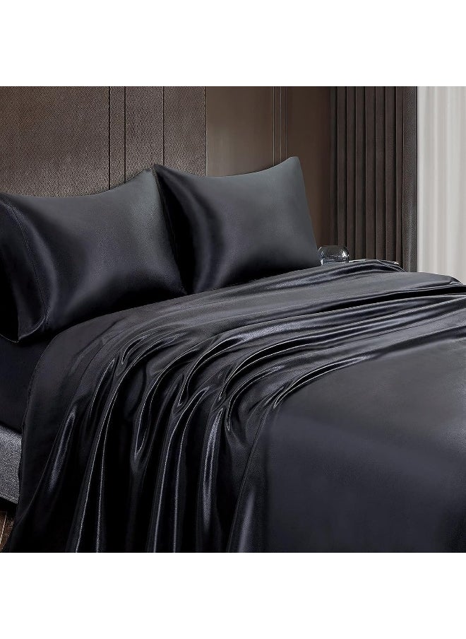 Homiest 4pcs Satin Sheets Set Luxury Silky Satin Bedding Set with Deep Pocket, 1 Fitted Sheet + 1 Flat Sheet + 2 Pillowcases (Queen Size, Black)