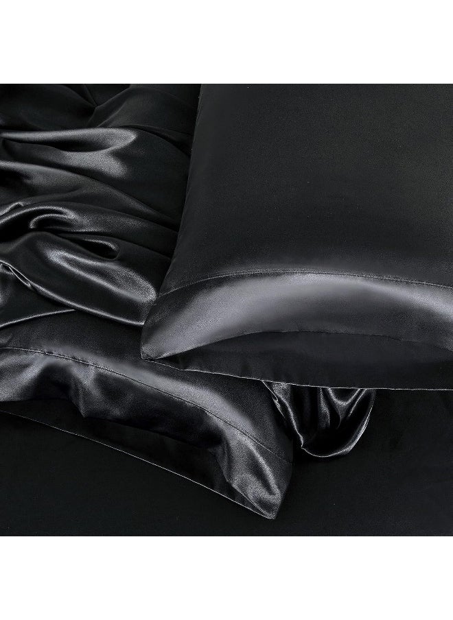 Homiest 4pcs Satin Sheets Set Luxury Silky Satin Bedding Set with Deep Pocket, 1 Fitted Sheet + 1 Flat Sheet + 2 Pillowcases (Queen Size, Black)