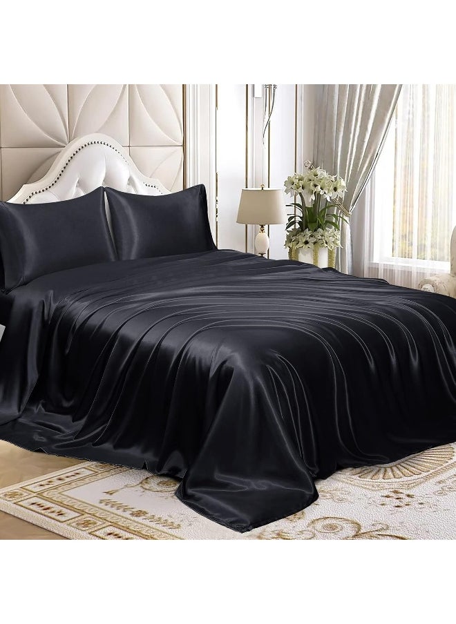 Homiest 4pcs Satin Sheets Set Luxury Silky Satin Bedding Set with Deep Pocket, 1 Fitted Sheet + 1 Flat Sheet + 2 Pillowcases (Queen Size, Black)