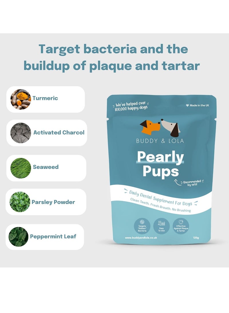 Pearly Pups Plaque Off Dog Teeth Cleaning Products and Dog Breath Freshener Daily Plaque Remover Without A Dog Toothbrush Or Dog Toothpaste Dental Dog Breath Freshener 120g