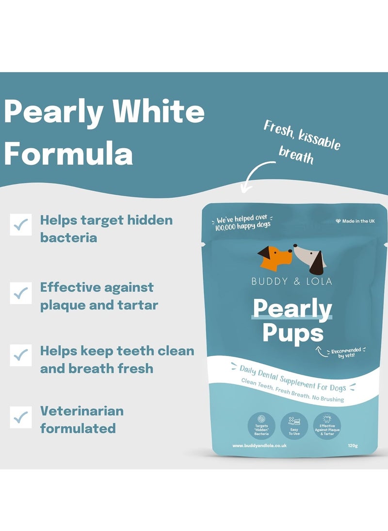 Pearly Pups Plaque Off Dog Teeth Cleaning Products and Dog Breath Freshener Daily Plaque Remover Without A Dog Toothbrush Or Dog Toothpaste Dental Dog Breath Freshener 120g