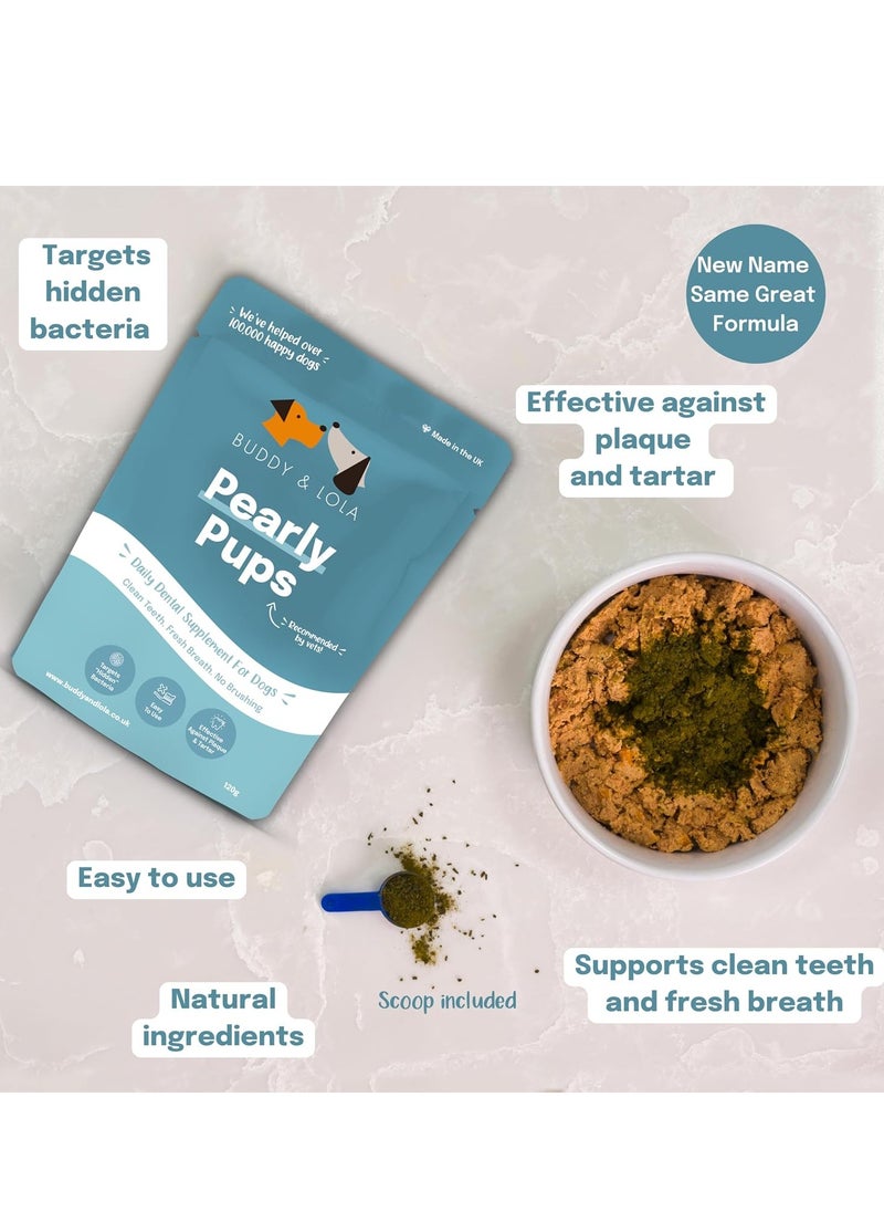 Pearly Pups Plaque Off Dog Teeth Cleaning Products and Dog Breath Freshener Daily Plaque Remover Without A Dog Toothbrush Or Dog Toothpaste Dental Dog Breath Freshener 120g