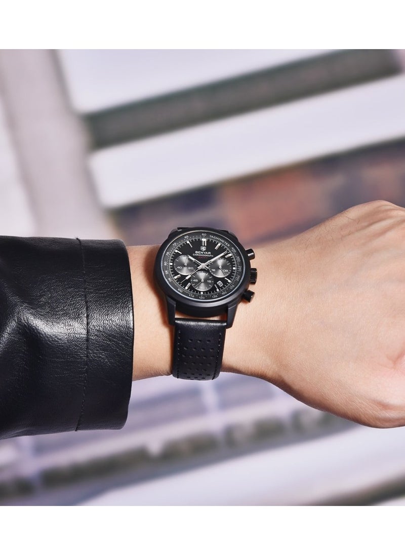 Watches for Men Luxury Quartz Water Resistant Watch Men's Chronograph Genuine Leather Strap 5188 Black