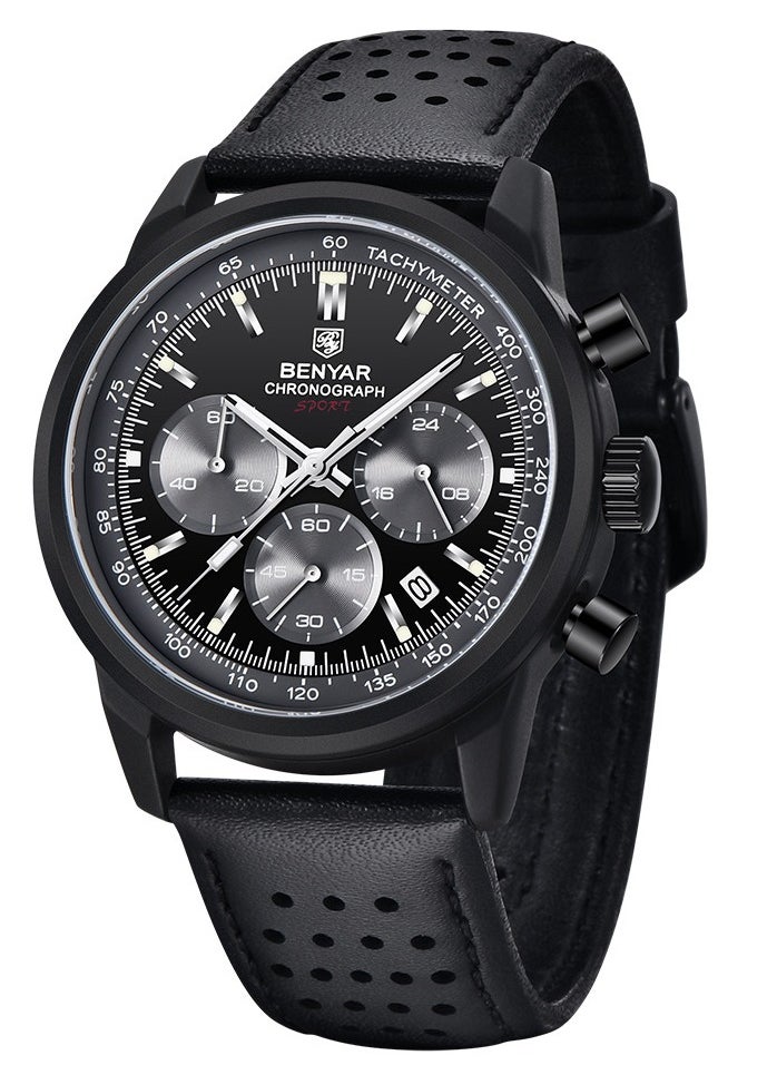 Watches for Men Luxury Quartz Water Resistant Watch Men's Chronograph Genuine Leather Strap 5188 Black