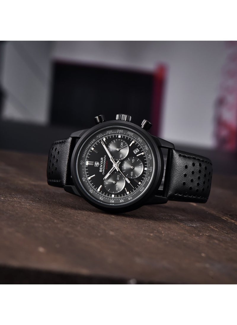 Watches for Men Luxury Quartz Water Resistant Watch Men's Chronograph Genuine Leather Strap 5188 Black