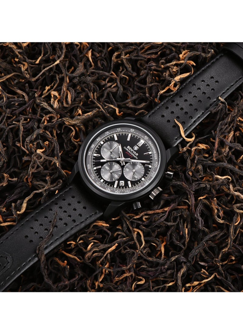 Watches for Men Luxury Quartz Water Resistant Watch Men's Chronograph Genuine Leather Strap 5188 Black
