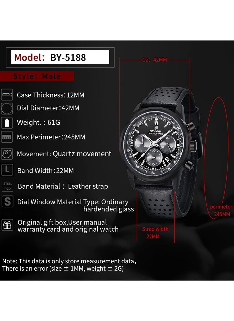 Watches for Men Luxury Quartz Water Resistant Watch Men's Chronograph Genuine Leather Strap 5188 Black