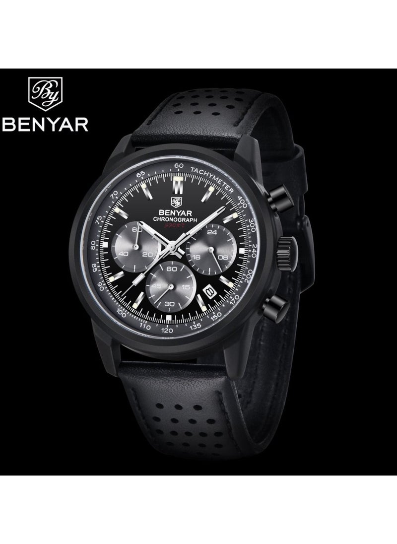 Watches for Men Luxury Quartz Water Resistant Watch Men's Chronograph Genuine Leather Strap 5188 Black